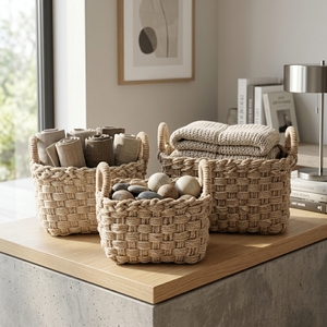 Natural Seagrass <b>Storage</b> <b>Basket</b> Set Chunky Braided Cord <b>Rectangular</b> Bin Arch Handle Tabletop Planter Pure Art Setup Room Decor - Product Image 5