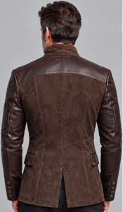 <b>Men's</b> Brown <b>Leather</b> <b>Jacket</b> With Stand Collar And Button Closure - Product Image 6