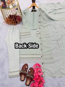 ชุดเดรสผ้าจอร์เจียสำหรับงานปาร์ตี้ชุดเดรสด้านบนและชุดเดรสแขนยาวมีลายปักตามลำดับงานด้วยพอลและงานด้วยมือกระจกจริง - Product Image 4