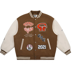 Wholesale Custom Logo Chenille Embroidery Patch Brown Male Leather Sleeves Varsity <b>Jacket</b> Men Vintage College <b>Jackets</b> - Product Image 1