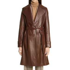 Abrigo de Cuero Tipo Gabardina para Mujer, Piel de Oveja Genuina, Color Marrón, Abrigo Largo de Invierno - Product Image 4