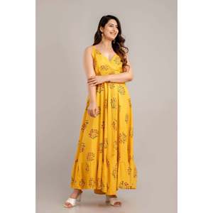 SHKUP1363 sin mangas mostaza Floral estampado Fit Flare Maxi vestido diseño personalizado elegante aberturas translúcido característica libre para el día - Product Image 2