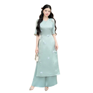 Vestidos Ao Dai Modernos para Mujer de Vietnam, Personalizables, Antiestáticos, Antiarrugas, con Estampado de Leopardo Vintage, Tejido MODAL, Asimétricos, ODM - Product Image 6