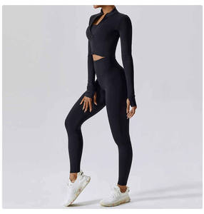 Ensemble de yoga fitness sans couture pour femmes 2025, veste de sport à manches longues, leggings, vente en gros, logo personnalisé sur la taille, tissu tricoté - Product Image 2