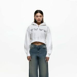 Sweat à capuche zippé pour femmes à la mode avec effet lavé unique et ourlet côtelé pour un style décontracté - Product Image 1