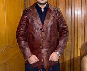 Men's <b>Brown</b> <b>Leather</b> <b>Jacket</b> With Turn-down Collar And Button Closure - Product Image 3