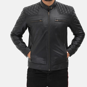 Classic College Style <b>Trucker</b> Leather <b>Jackets</b> Stand Collar Horizontal Stitching Leather <b>Jacket</b> for <b>Men</b> - Product Image 3