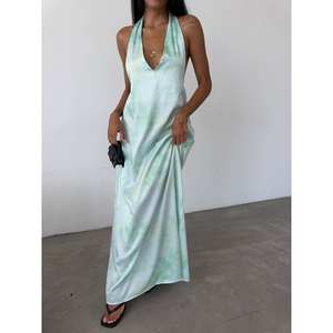เดรสยาวผ้าซาตินลายพิมพ์ คอแบบผูก สายคล้องคอ ระบายอากาศได้ดี พร้อมดีไซน์เอวธรรมชาติ - Product Image 1