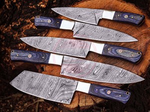 Ensemble de couteaux de cuisine \ Chef de cuisine à lame fixe en acier damas fait à la main personnalisé ensemble de couteaux 5 pièces - Product Image 3