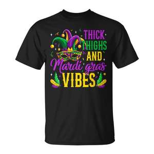 T-shirt da donna Mardi Gras Vibes con design a cosce abbondanti e maschera - Abbigliamento promozionale - Product Image 1