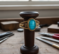 Bracelet manchette en amazonite, en laiton doré, fin, ouvert, avec cabochon ovale, fait main, pour femme
