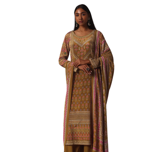 Ensemble Palazzo imprimé moutarde en mousseline de soie avec pierre travaillée Kurta vente en gros de vêtements ethniques pour femmes OEM vêtements fournisseur d'usine tenue - Product Image 1