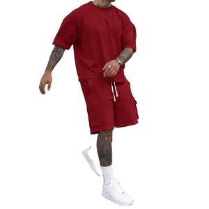 Men's Summer Formal Outfit Short Sleeve T-Shirt and Shorts Two-Piece <b>Set</b> Solid Patterned <b>Knitted</b> Breathable 100% Cotton Fabric - Product Image 1