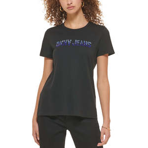 T-shirt girocollo slim fit in jersey di cotone 100% stile Y2K da donna DKNY con logo in strass, top corto traspirante, taglia XS (Small) - Product Image 1