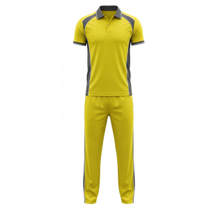 Meilleures ventes d'uniformes de cricket professionnels pour hommes |   Maillot et pantalon jaunes à séchage rapide sublimés avec un design de panneau latéral gris - Product Image 1