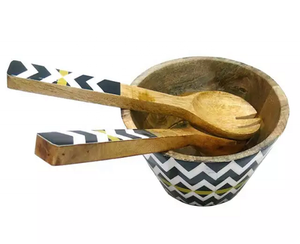 Juego de cucharas para servir de madera de acacia con estampado esmaltado de fabricación india, juego de cucharas para ocasiones específicas, tazón de madera para servir, juego de cucharas - Product Image 2