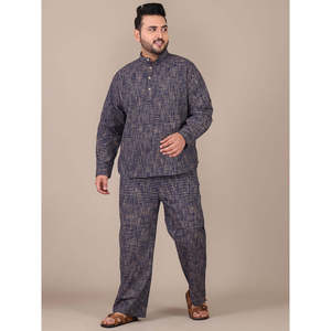 Amanush <b>Men's</b> Plus Size Navy Blue Plaid Mandarin Collar Casual Shirt Full Sleeve Regular Fit 100% Cotton Autumn Wear - Product Image 3