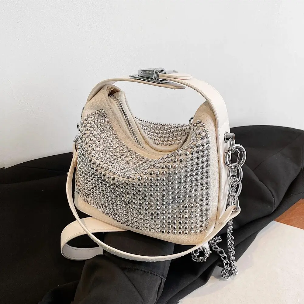 Studded Chain Small Shoulder Crossbody Bags For Women New 2022 Trend Fashion Design Bucket Ladies Handbags White Black