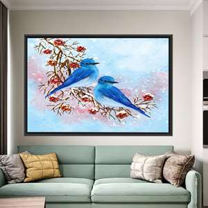 Lienzo impreso moderno: arte abstracto de dos pájaros azules para decoración del hogar, 1 pieza: con marco negro - Product Image 1
