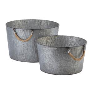 Maceta de flores de Metal de forma redonda para el hogar, macetas galvanizadas decorativas para exteriores e interiores con asas de cuerda - Product Image 2