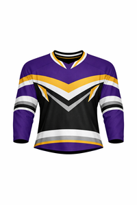 Jersey de Hockey sobre Hielo para Hombre, Morado y Negro a Rayas, Manga Tres Cuartos, Cuello en V, Absorbe la Humedad, Sublimado - Product Image 1