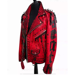 Zipper Design Wholesale Cow Skin Leather <b>Biker</b> Motorcycle Punk Studded <b>Jacket</b> Windproof Breathable Vintage Customized Color - Product Image 1