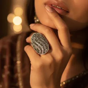 Romantic Vintage Style <b>Silver</b> Marcasite Oval Cut Gemstone <b>Ring</b> Inlay Setting <b>Statement</b> Jewelry for Women - Product Image 3