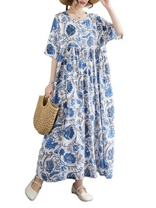 2025 nuevos vestidos de manga corta Vintage de algodón de verano para mujeres Casual suelto largo vestido verde ropa - Product Image 2