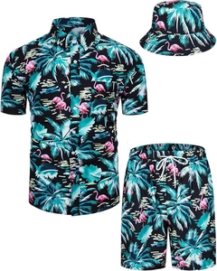 Men's Vintage Style 3PCS Floral <b>Hawaiian</b> Shirt <b>Shorts</b> Hat Outfit Set-for Tropical Beach Vacation or Casual Wear in Summer - Product Image 1
