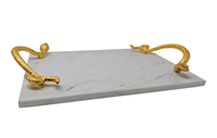 Plateau de service en marbre de forme de rectangle Offre Spéciale unique indien avec poignée en métal plaqué or pour l'utilisation de cuisine de décoration de table