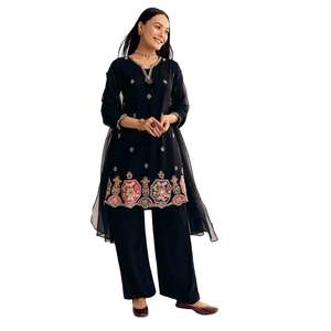 Zardosi negro trabajo Dola seda Kurta y Organza Dupatta traje al por mayor mujeres Ropa Étnica OEM proveedor de fábrica de ropa traje - Product Image 1