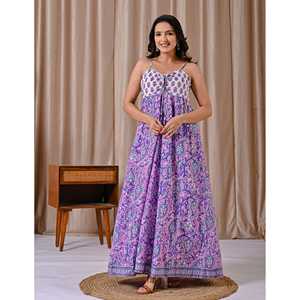 Vestido de Algodón Estampado en Bloques Blanco y Morado con Tirantes Finos y Cintura Imperio, Estilo Elegante Casual para Oficina, Transpirable y Cómodo - Product Image 6