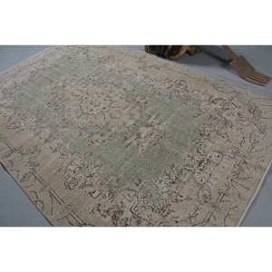 Vintage Turkish Rug Beige Green 6.3 X 9.8 ft Wool Flat Weave with Patchwork Pattern for Living Room Decorations - Product Image 4