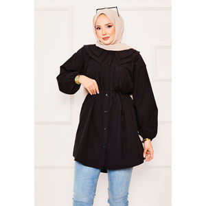 Double Collar Modest <b>Tops</b> Black Hijab Shirt with Drawstring Waist - Product Image 3