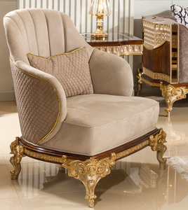 Fauteuil d'appoint royal classique européen avec cadre en bois massif doré et tissu brocart de qualité supérieure - Product Image 2