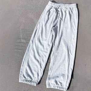 Customized Embroidered Casual Black 100% Cotton Canvas Fleece <b>Elastic</b> Waist Mid Straight Baggy Fit Wide Leg Men Sweatpants - Product Image 4