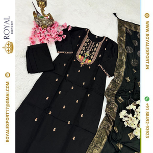 Pantalon Kurti de couleur noire avec broderie attrayante en soie lourde Chanderi de créateur avec une collection unique de Dupatta - Product Image 5