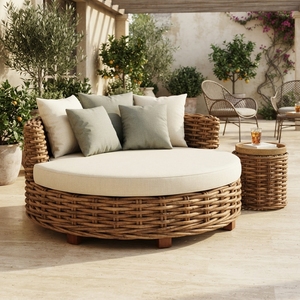 Sofá Circular de Ratán para Exteriores con Estructura de Madera de Caoba, Ratán Natural y Cojín Crema Daphnie, Diseño Artístico - Product Image 2