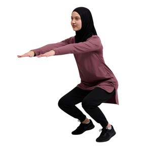 Modest Muslim Women's Eco-Friendly Breathable Long <b>Sleeve</b> <b>Knee</b> Length Zipper Solid Polyester Active Fitness <b>Gym</b> Wear - Product Image 2