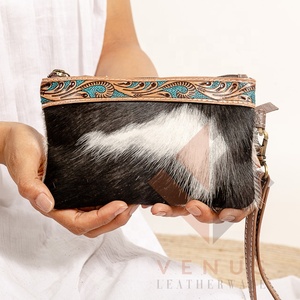 Turquoise Western haut de gamme vache peau cheveux 100% cuir véritable femmes longue fermeture éclair portefeuilles antivol couverture à la main outillé embrayages - Product Image 1