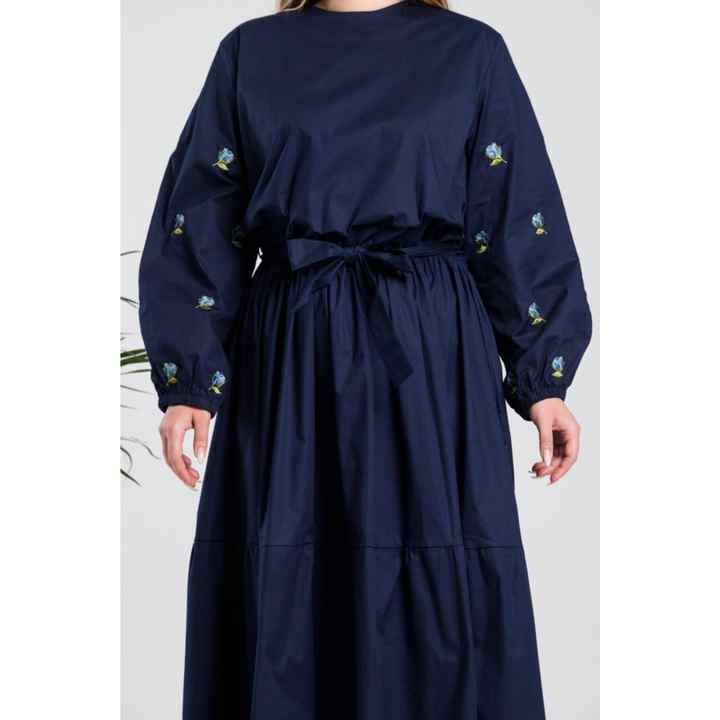 Plus Size Women's Rose Embroidered Sleeves, Waist Belt, Ruffled Long Dress Navy Blue