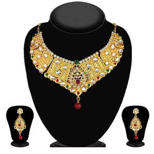 Kriaa <b>Fine</b> <b>Jewelry</b> <b>Set</b> Maroon and Green Stone Kundan Necklace - Product Image 1