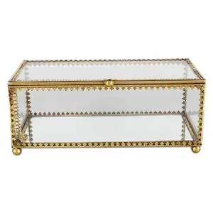 Unique Design Metal Glass Box Golden Finished Jewelry and Earrings Display Rectangular Storage Organizer Holder