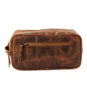 Vintage Leather Toiletry Bag with Zipper Closure Medium Size Soft Handle Durable Cosmetic <b>Case</b> for Travel - Product Image 5