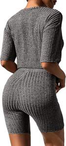 Pyjama 2 pièces ensembles de salon en tricot côtelé tenues assorties T-shirt Biker Shorts vêtements de nuit vêtements de détente survêtements - Product Image 5