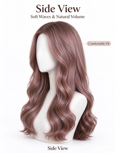 Perruque en fibres synthétiques rose-brun, longue et ondulée, avec racine naturelle, bonnet respirant, légère, pour usage quotidien - Product Image 3