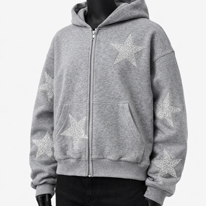 Sudadera con capucha y cremallera completa de forro polar oversize con estampado de estrellas de diamantes de imitación y cristales brillantes, estilo streetwear gris para hombre, al por mayor - Product Image 3