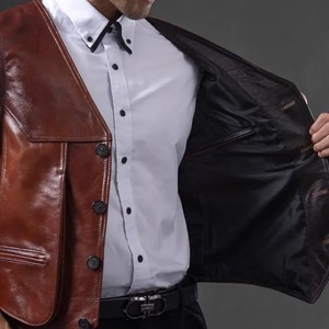 Chaleco de cuero genuino para hombre, capa superior, piel de vaca, múltiples bolsillos, Delgado, de talla grande, ecológico, invierno, sólido, Retro - Product Image 5