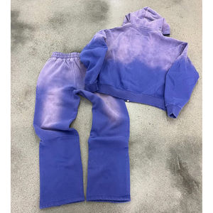Ensemble de jogging à capuche zippé avec broderie en détresse et lavage à l'acide personnalisé survêtement respirant et lourd survêtement pantalon évasé - Product Image 2