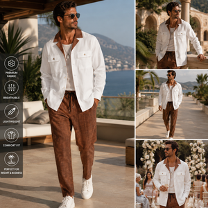 Conjunto de 2 Piezas con Aspecto de <span class=keywords><strong>Lino</strong></span> para <span class=keywords><strong>Hombre</strong></span>, <span class=keywords><strong>Camisa</strong></span> de Manga Corta <span class=keywords><strong>y</strong></span> Pantalones con Cordón, Ropa de Resort al Por Mayor, Diseño Personalizado OEM - Product Image 3